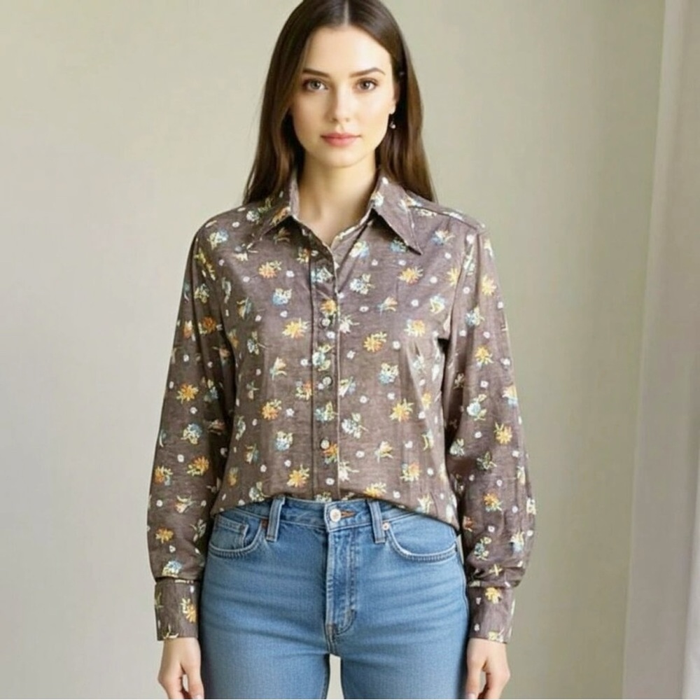 Elles Belles Vintage 1970's Floral Button Up Long Sleeve Brown Shirt